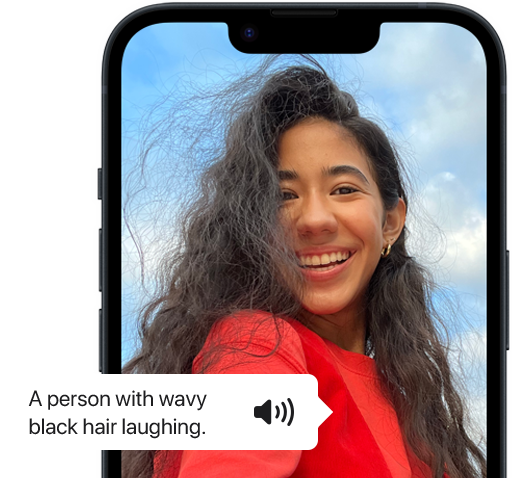VoiceOver describing a photo of a person on iPhone.