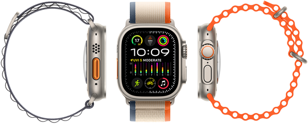 Apple Watch Ultra 2 showing compatibility with three different strap types, large display, rugged titanium case, orange action button and digital crown